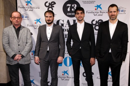 El músico Pascal Gainge, el director Aitor Arregi, el actor Eneko Sagardoy y el guionista José María Goenaga, de Handia.
